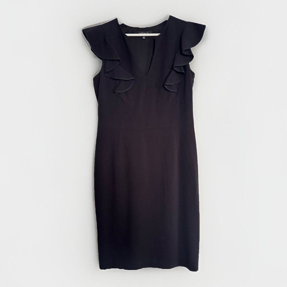 NWT $140 Nine West Ruffle V-Neck Sleeveless Sheath Black Dress Size 8 - Picture 3 of 14